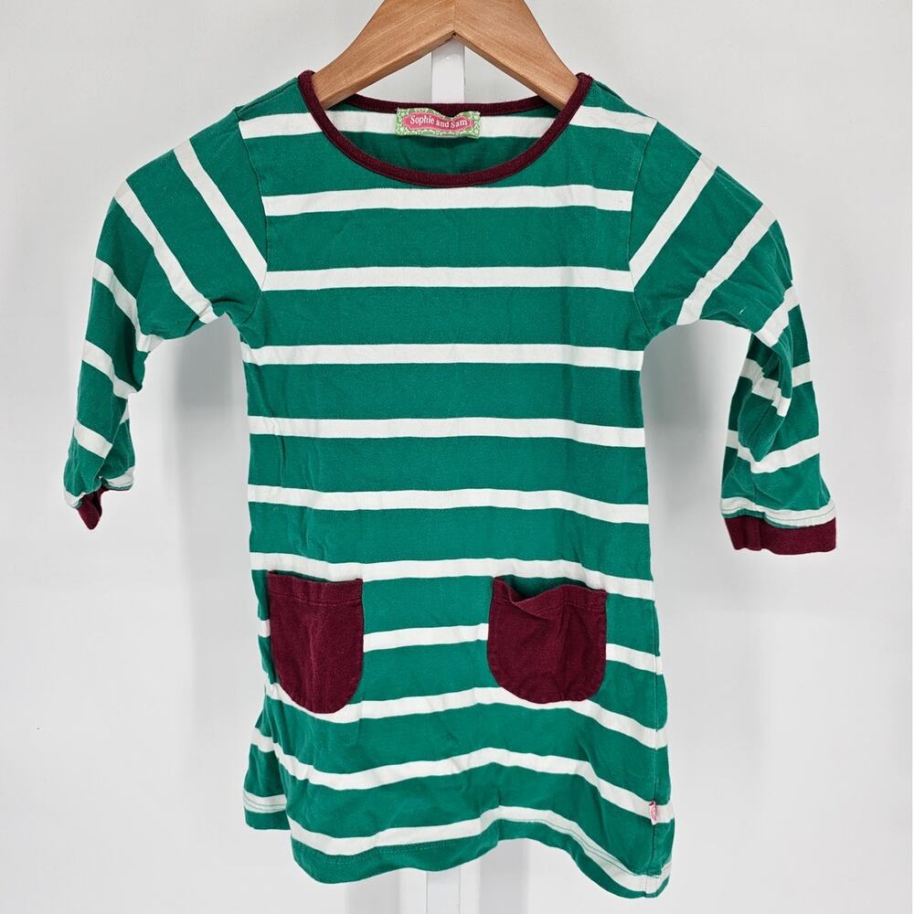 Sophie & Sam Girls Sz 4 Long Sleeve Knee Length Dress Green White striped